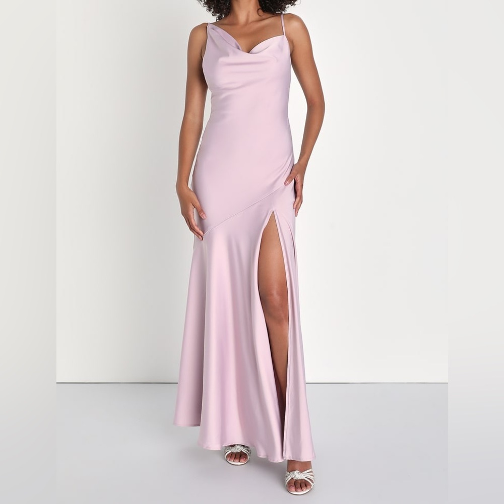 NWT Lulus Impressive Energy Blush Pink Satin Asymmetrical Maxi Dress - size M